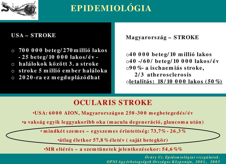 letalitás: 18/10 000 laks (50%) OCULARIS STROKE USA: 6000 AION, Magyarrszágn 250-300 megbetegedés/év a vakság egyik leggyakribb ka (macula degeneráció, glaucma után)