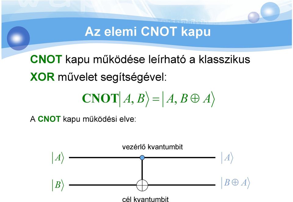 segítségével: CNOT A, B = A, B A A CNOT