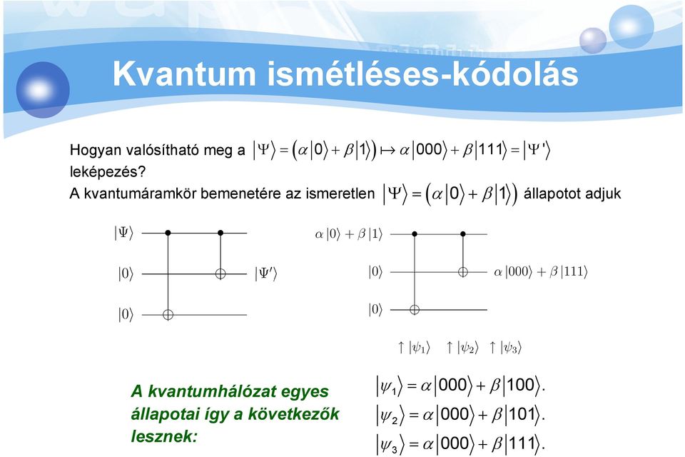 A kvantumáramkör bemenetére az ismeretlen Ψ = α 0 + β 1 állapotot adjuk (