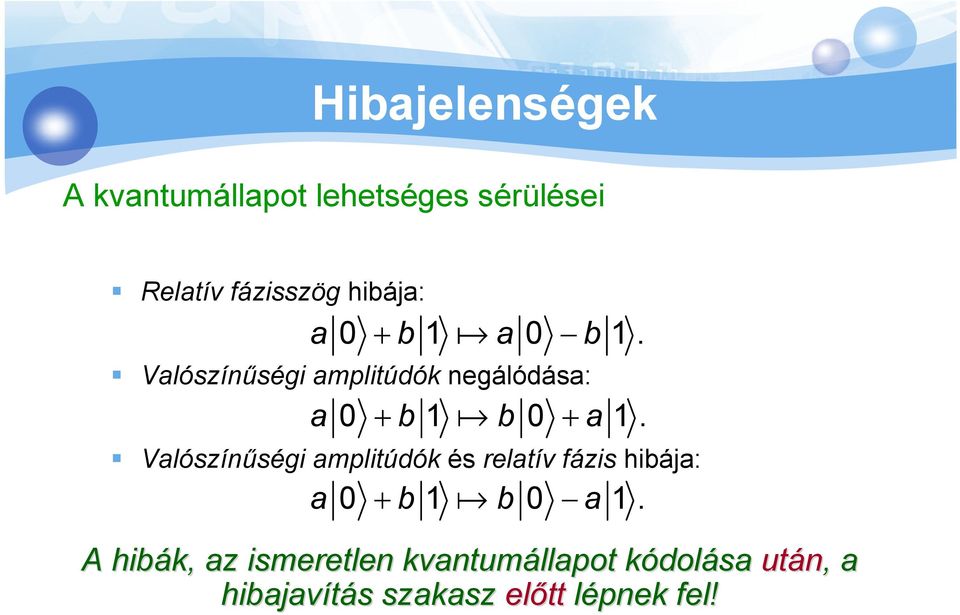 Valószínűségi amplitúdók és relatív fázis hibája: a 0 + b 1 b 0 a 1.