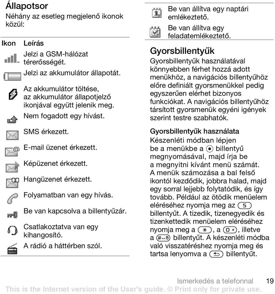 Folyamatban van egy hívás. Be van kapcsolva a billentyűzár. Csatlakoztatva van egy kihangosító. A rádió a háttérben szól. Be van állítva egy naptári emlékeztető. Be van állítva egy feladatemlékeztető.