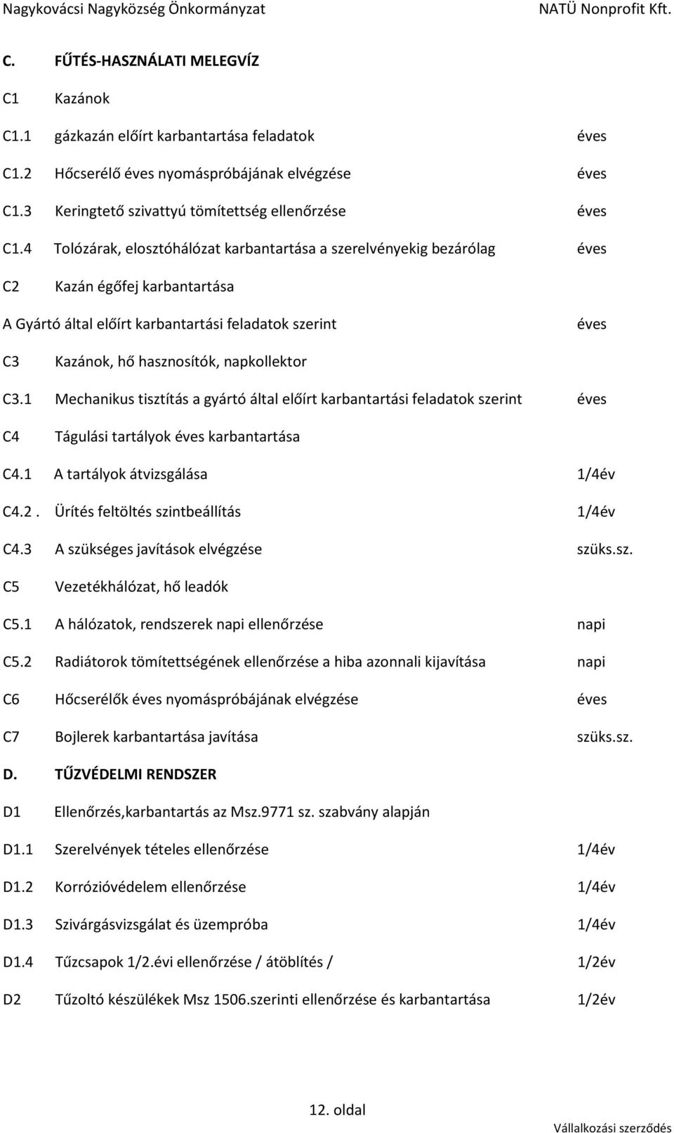 napkollektor C3.1 Mechanikus tisztítás a gyártó által előírt karbantartási feladatok szerint éves C4 Tágulási tartályok éves karbantartása C4.1 A tartályok átvizsgálása 1/4év C4.2.