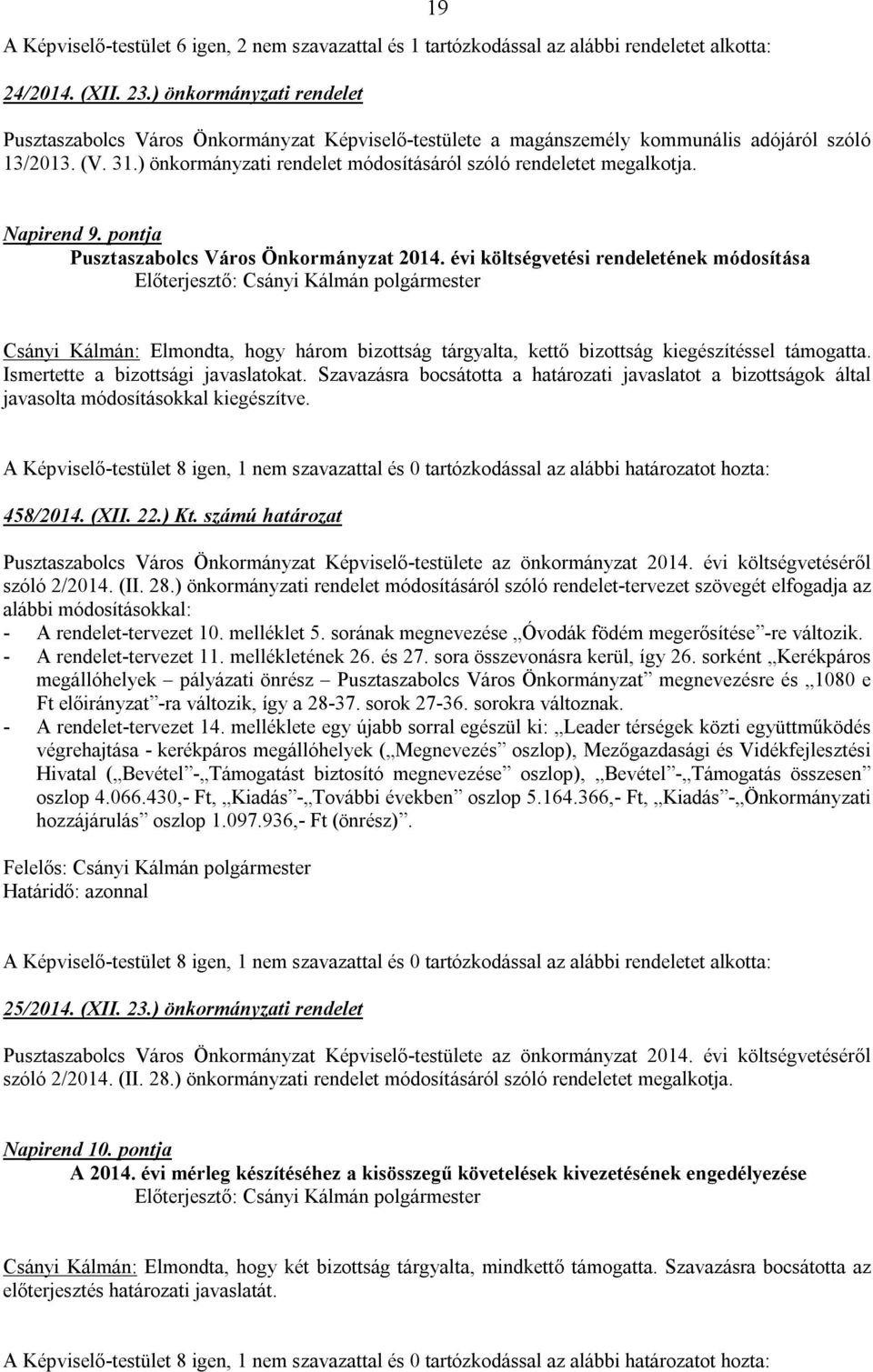 ) önkormányzati rendelet módosításáról szóló rendeletet megalkotja. Napirend 9. pontja Pusztaszabolcs Város Önkormányzat 2014.