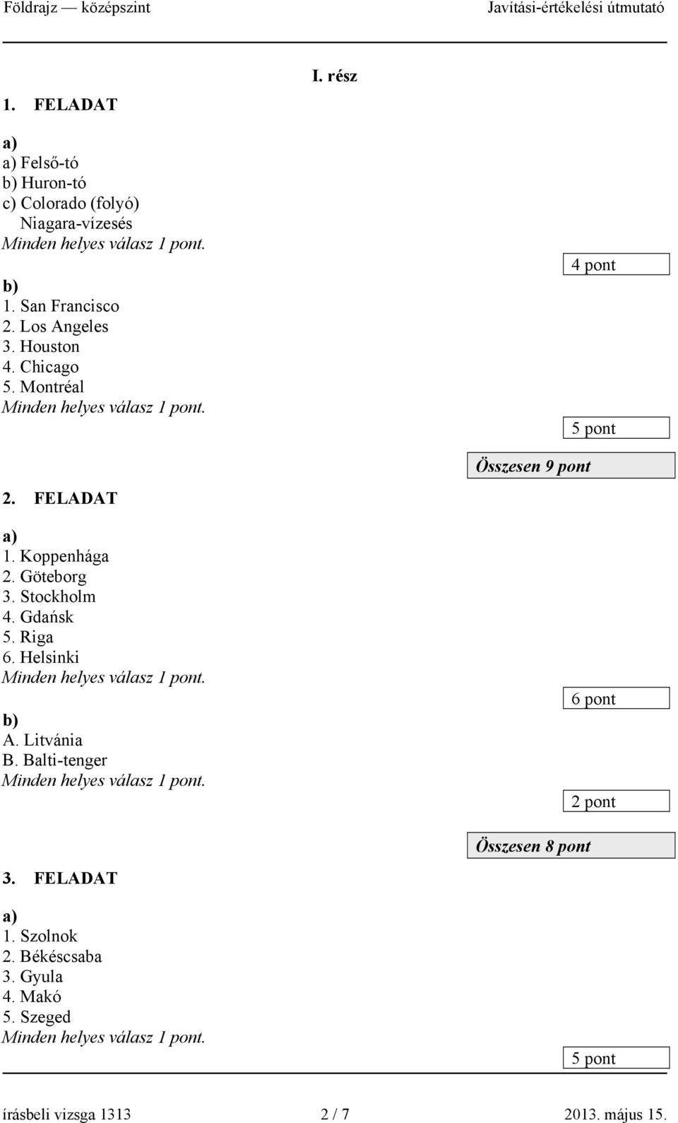 Gdańsk 5. Riga 6. Helsinki Minden helyes válasz. A. Litvánia B. Balti-tenger Minden helyes válasz. 3. FELADAT 1. Szolnok 2.