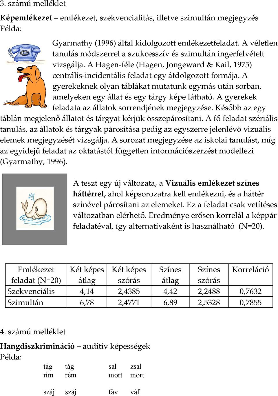 A gyerekeknek olyan táblákat mutatunk egymás után sorban, amelyeken egy állat és egy tárgy képe látható. A gyerekek feladata az állatok sorrendjének megjegyzése.