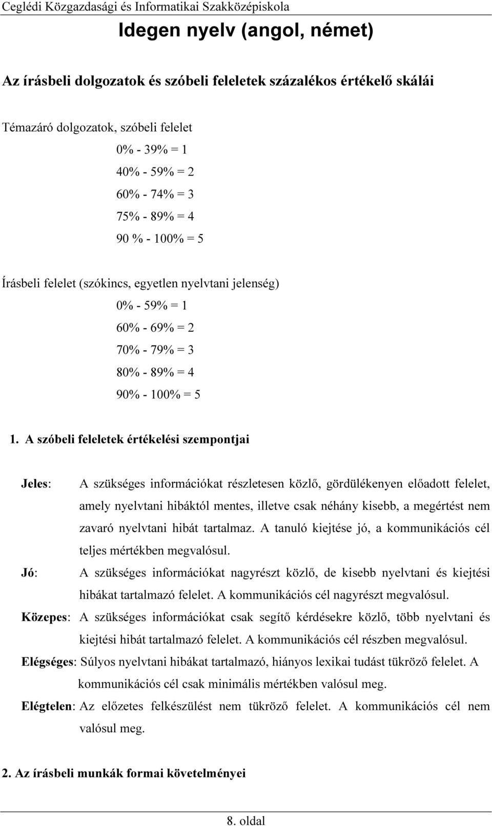 A szóbeli feleletek értékelési szempontjai Jeles: A szükséges információkat részletesen közlő, gördülékenyen előadott felelet, amely nyelvtani hibáktól mentes, illetve csak néhány kisebb, a megértést