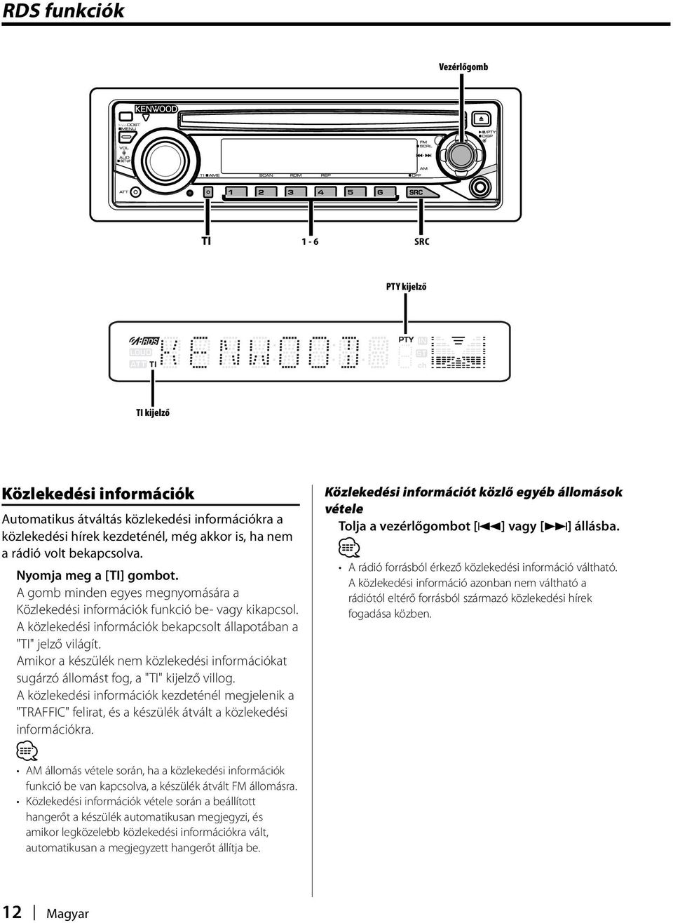 Amikor a készülék nem közlekedési információkat sugárzó állomást fog, a "TI" kijelző villog.