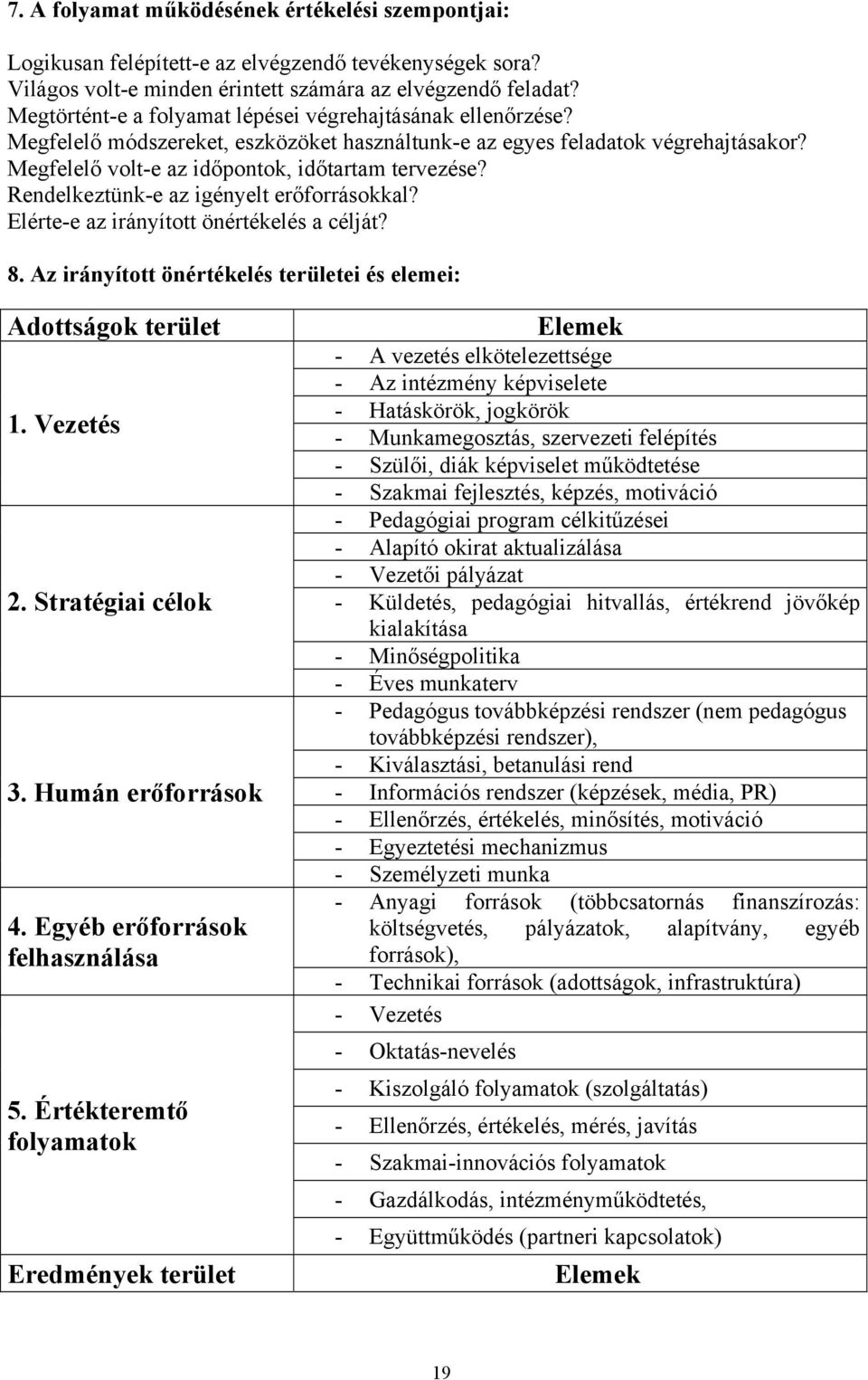 Rendelkeztünk-e az igényelt erőforrásokkal? Elérte-e az irányított önértékelés a célját? 8. Az irányított önértékelés területei és elemei: Adottságok terület 1. Vezetés 2. Stratégiai célok 3.