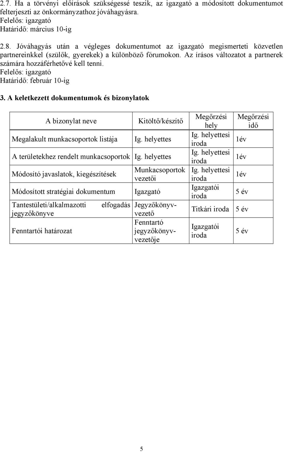 Felelős: igazgató Határidő: február 10-ig 3. A keletkezett dokumentumok és bizonylatok A bizonylat neve Megalakult munkacsoportok listája Kitöltő/készítő Ig.