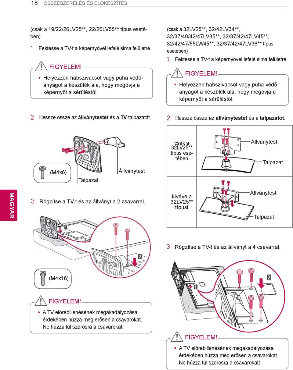(csak a 32LV25**, 32/42LV34**, 32/37/40/42/47LV35**, 32/37/42/47LV45**, 32/42/47/55LW45**, 32/37/42/47LV36** típus esetében) 1 Fektesse a TV-t a képernyővel lefelé sima felületre. FIGYELEM!