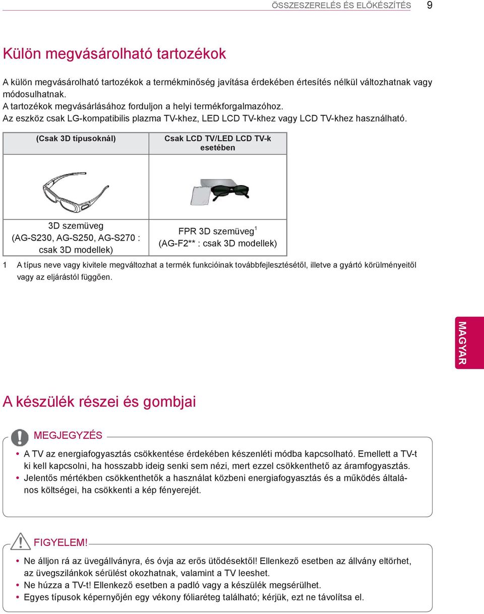 (Csak 3D típusoknál) Csak LCD TV/LED LCD TV-k esetében 3D szemüveg (AG-S230, AG-S250, AG-S270 : csak 3D modellek) FPR 3D szemüveg 1 (AG-F2** : csak 3D modellek) 1 A típus neve vagy kivitele