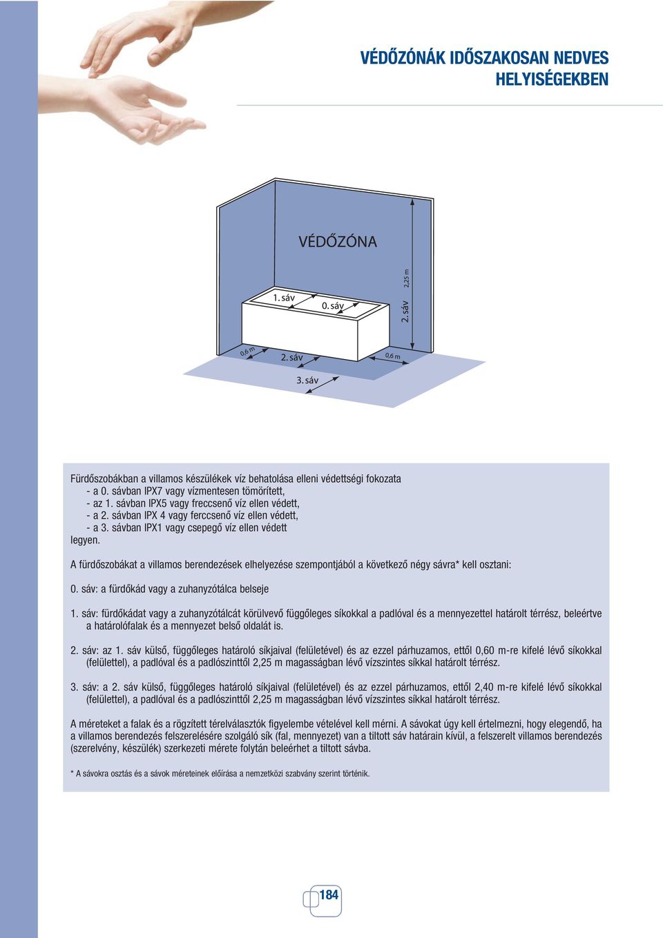 A fürdôszobákat a villamos berendezések elhelyezése szempontjából a következô négy sávra* kell osztani: 0. sáv: a fürdôkád vagy a zuhanyzótálca belseje 1.