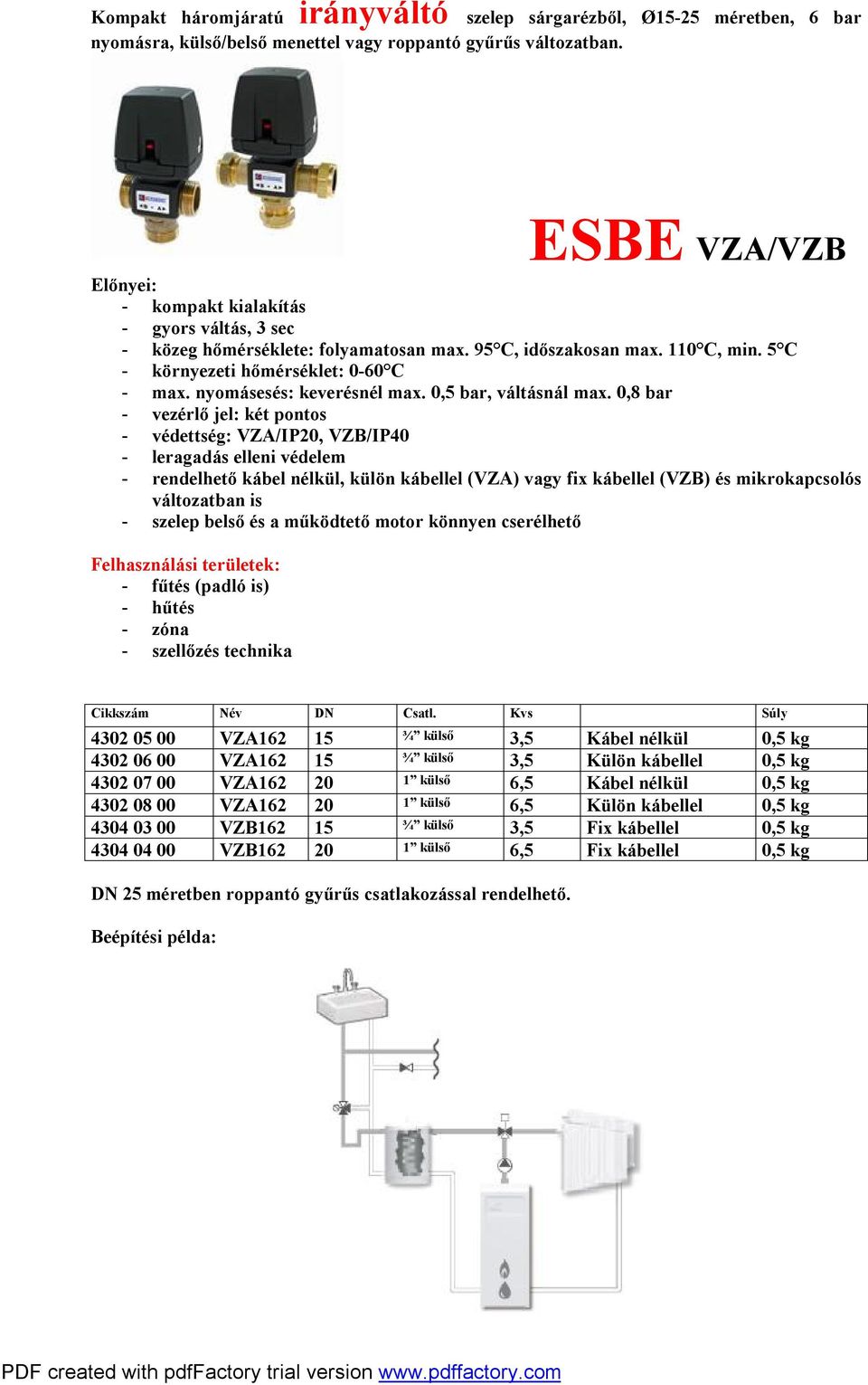 nyomásesés: keverésnél max. 0,5 bar, váltásnál max.