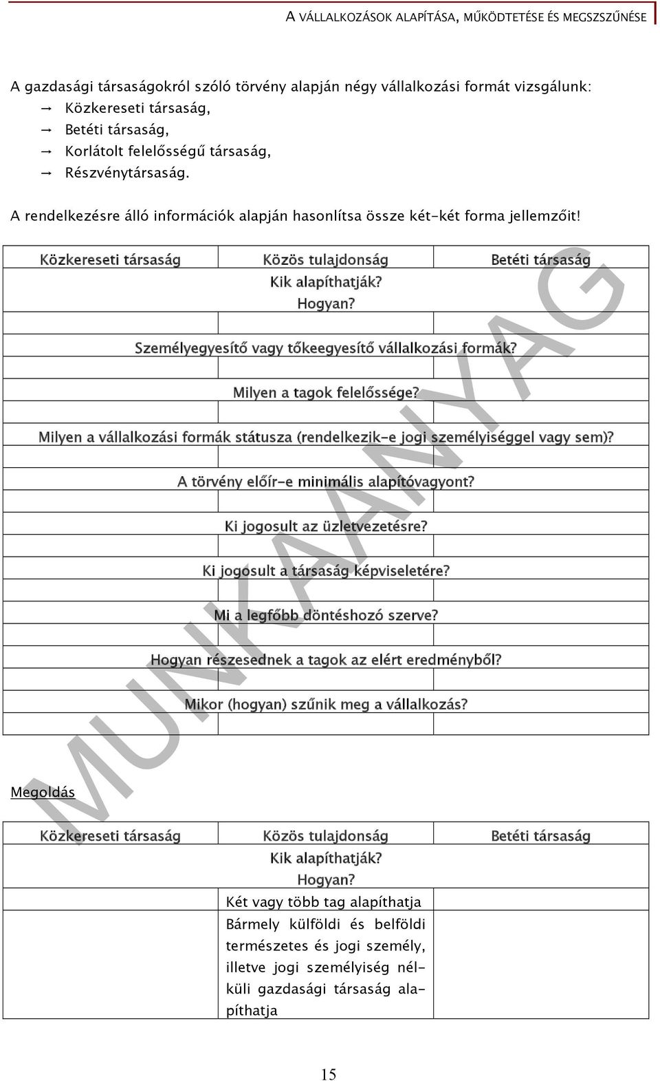 Hogyan? Személyegyesítő vagy tőkeegyesítő vállalkozási formák? Milyen a tagok felelőssége? Milyen a vállalkozási formák státusza (rendelkezik-e jogi személyiséggel vagy sem)?