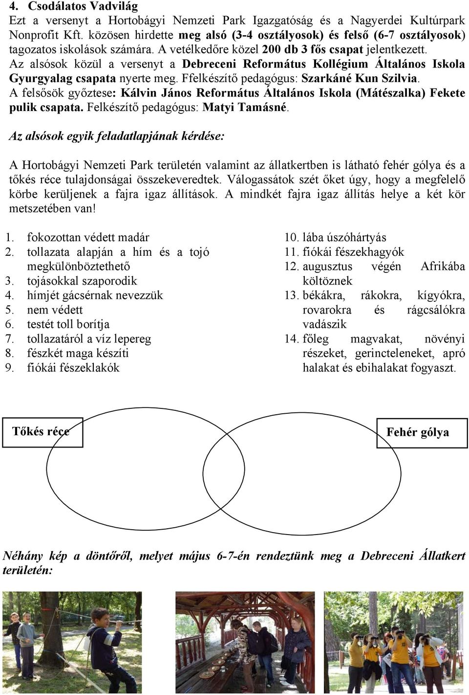 Az alsósok közül a versenyt a Debreceni Református Kollégium Általános Iskola Gyurgyalag csapata nyerte meg. Ffelkészítő pedagógus: Szarkáné Kun Szilvia.