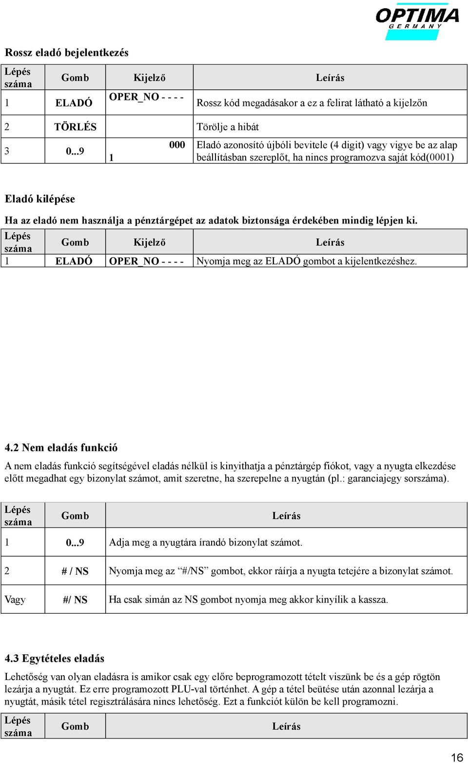 kilépése Ha az eladó nem használja a pénztárgépet az adatok biztonsága érdekében mindig lépjen ki. Kijelző 1 ELADÓ OPER_NO - - - - Nyomja meg az ELADÓ gombot a kijelentkezéshez. 4.