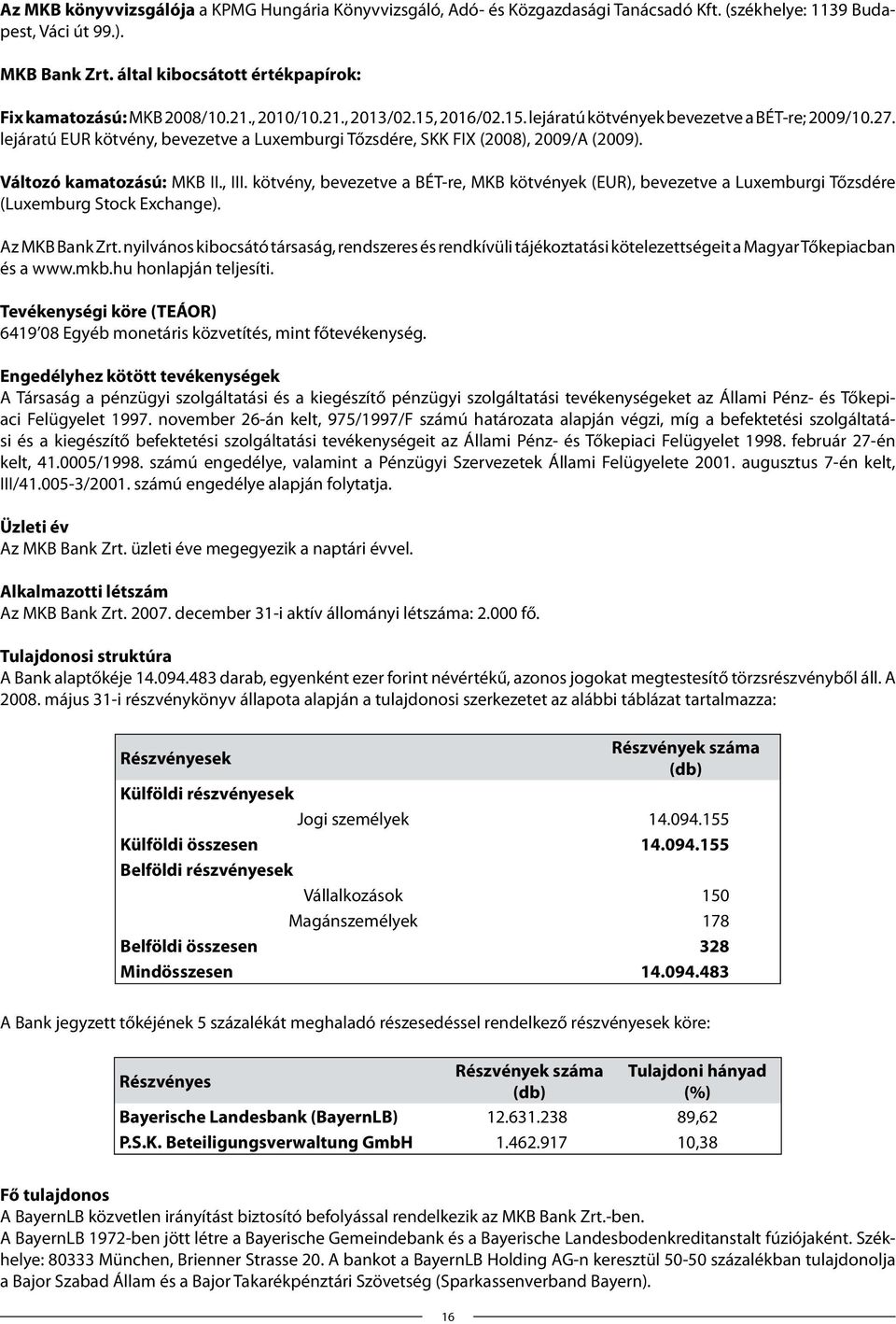 lejáratú EUR kötvény, bevezetve a Luxemburgi Tőzsdére, SKK FIX (2008), 2009/A (2009). Változó kamatozású: MKB II., III.