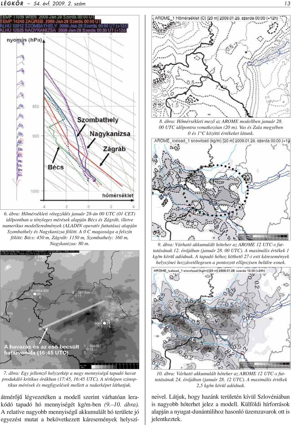 Nagykanizsa fölött. A 0 C magassága a felszín fölött: Bécs: 450 m, Zágráb: 1150 m, Szombathely: 160 m, Nagykanizsa: 80 m. 9. ábra: Várható akkumulált hóteher az AROME 12 UTC-s futtatásának 12.