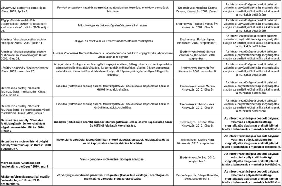 június 1 Fágtipizálási és molekuláris epidemiológiai osztály "laboratóriumi szakasszisztens". Kiírás: 2009. május 26.