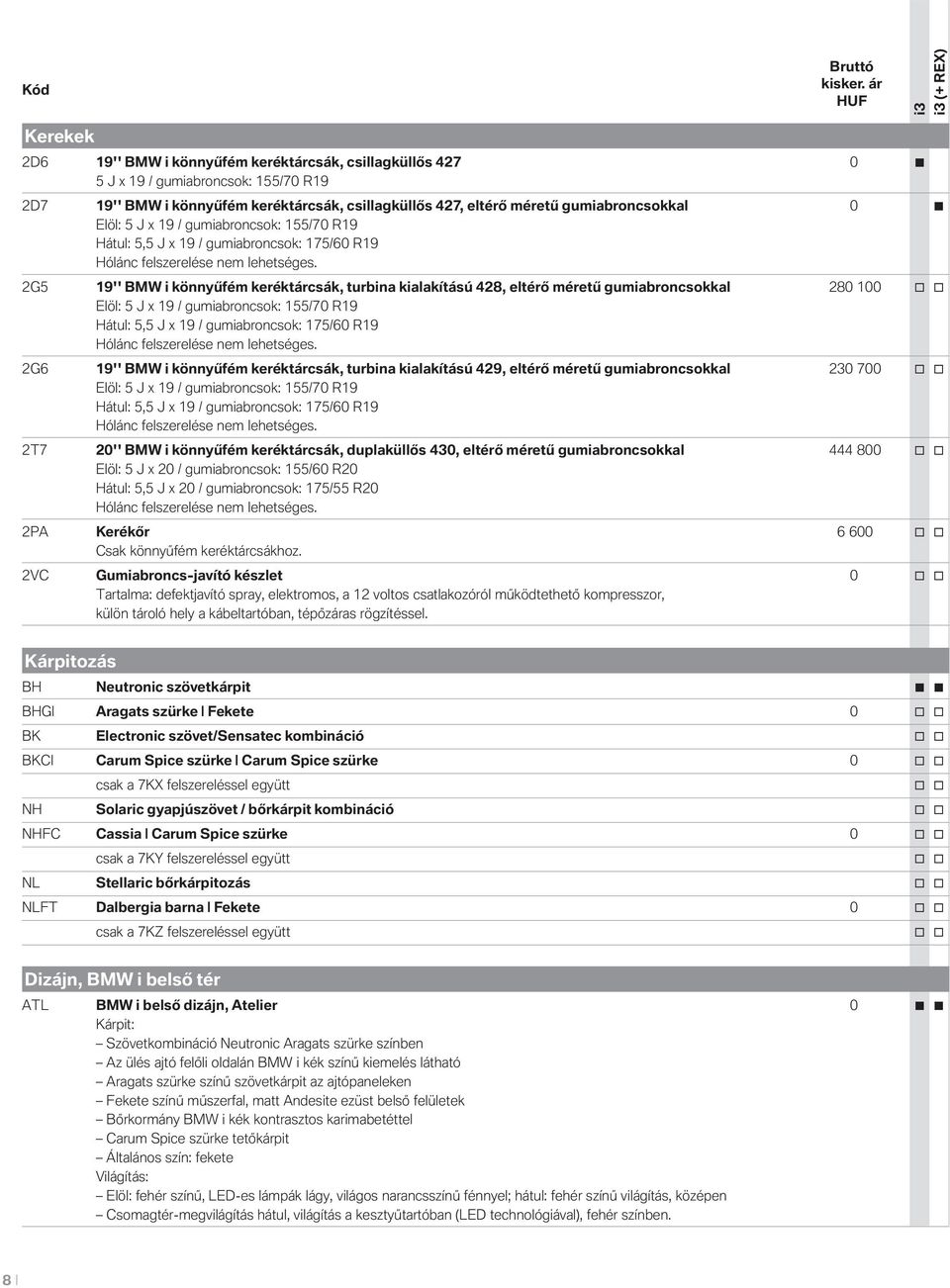 gumiabroncsokkal 0 Elöl: 5 J x 19 / gumiabroncsok: 155/70 R19 Hátul: 5,5 J x 19 / gumiabroncsok: 175/60 R19 Hólánc felszerelése nem lehetséges.