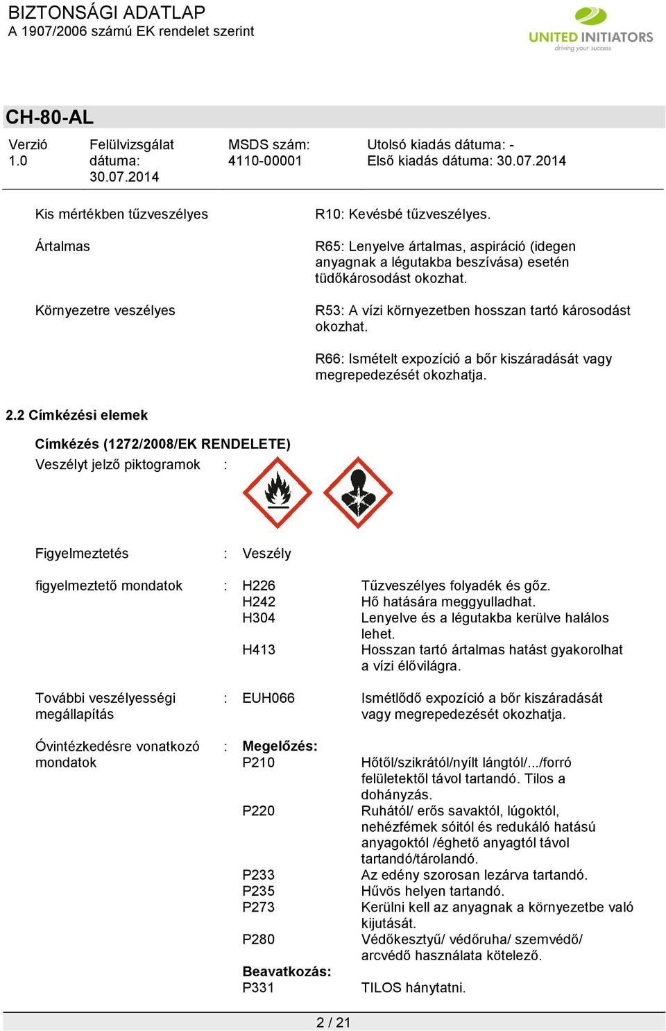 R66: Ismételt expozíció a bőr kiszáradását vagy megrepedezését okozhatja. 2.