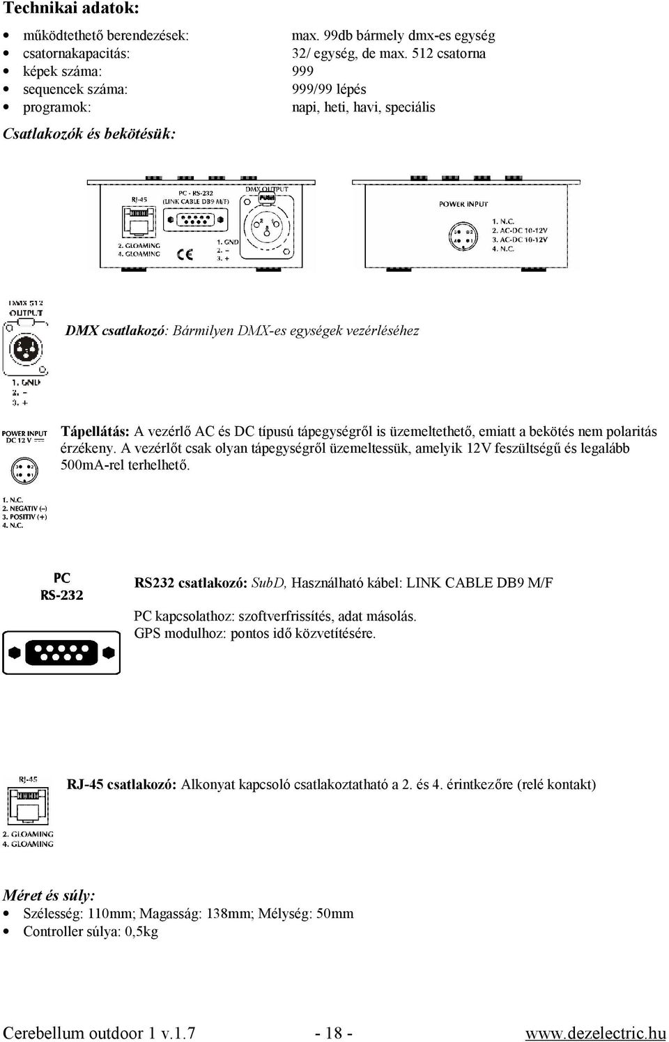 vezérlő AC és DC típusú tápegységről is üzemeltethető, emiatt a bekötés nem polaritás érzékeny.