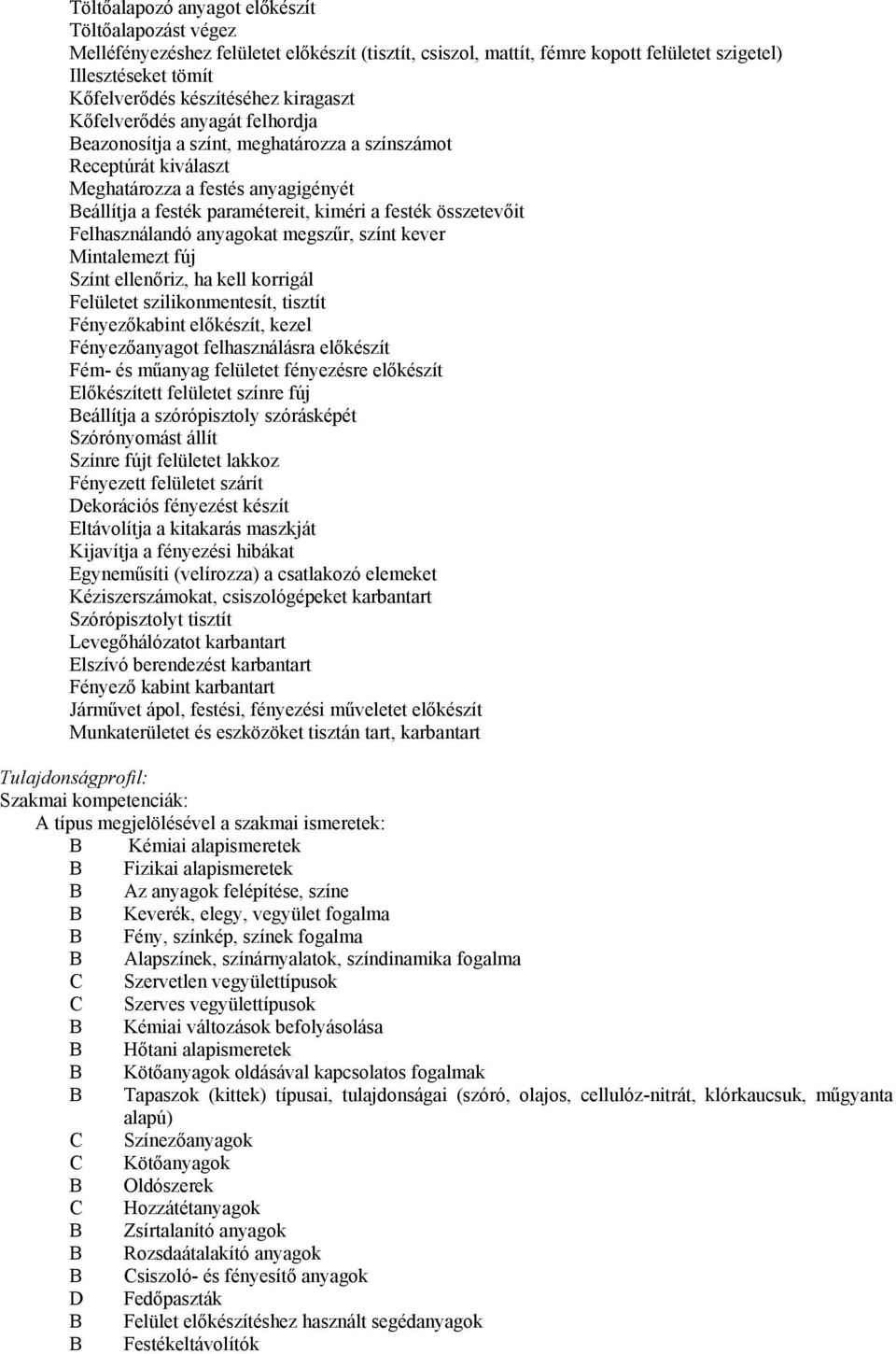 összetevőit Felhasználandó anyagokat megszűr, színt kever Mintalemezt fúj Színt ellenőriz, ha kell korrigál Felületet szilikonmentesít, tisztít Fényezőkabint előkészít, kezel Fényezőanyagot