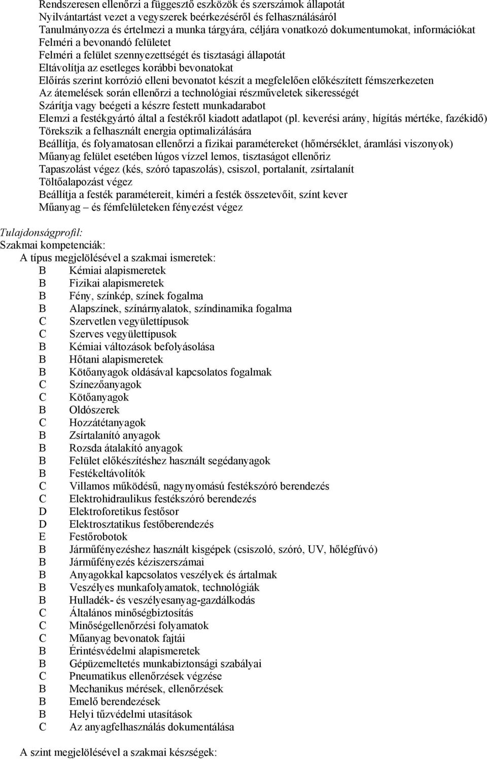 bevonatot készít a megfelelően előkészített fémszerkezeten Az átemelések során ellenőrzi a technológiai részműveletek sikerességét Szárítja vagy beégeti a készre festett munkadarabot Elemzi a