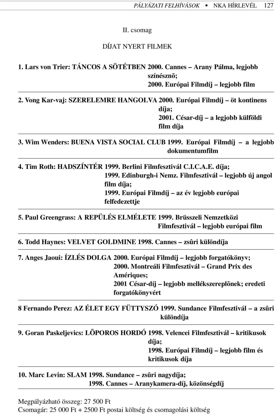 Európai Filmdíj a legjobb dokumentumfilm 4. Tim Roth: HADSZÍNTÉR 1999. Berlini Filmfesztivál C.I.C.A.E. díja; 1999. Edinburgh-i Nemz. Filmfesztivál legjobb új angol film díja; 1999.