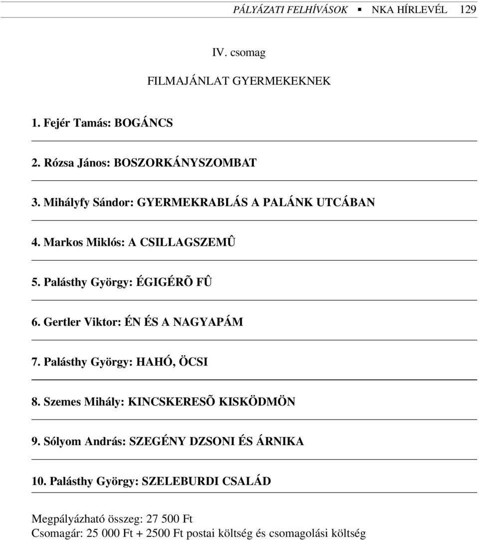 Gertler Viktor: ÉN ÉS A NAGYAPÁM 7. Palásthy György: HAHÓ, ÖCSI 8. Szemes Mihály: KINCSKERESÕ KISKÖDMÖN 9.