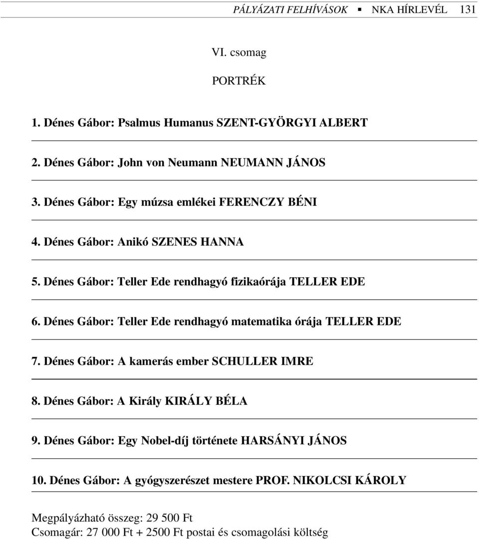 Dénes Gábor: Teller Ede rendhagyó matematika órája TELLER EDE 7. Dénes Gábor: A kamerás ember SCHULLER IMRE 8. Dénes Gábor: A Király KIRÁLY BÉLA 9.