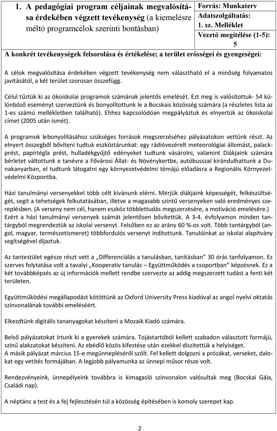 Melléklet Vezető megítélése (1-5): 5 A konkrét tevékenységek felsorolása és értékelése; a terület erősségei és gyengeségei: A célok megvalósítása érdekében végzett tevékenység nem választható el a