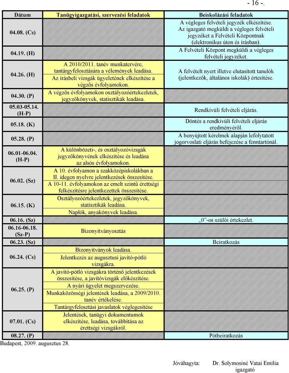 tanév munkatervére, 04.26. (H) tantárgyfelosztására a vélemények leadása.