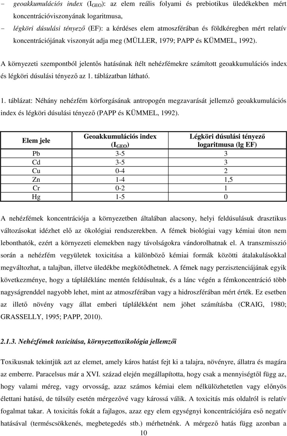 A környezeti szempontból jelentős hatásúnak ítélt nehézfémekre számított geoakkumulációs index és légköri dúsulási tényező az 1.