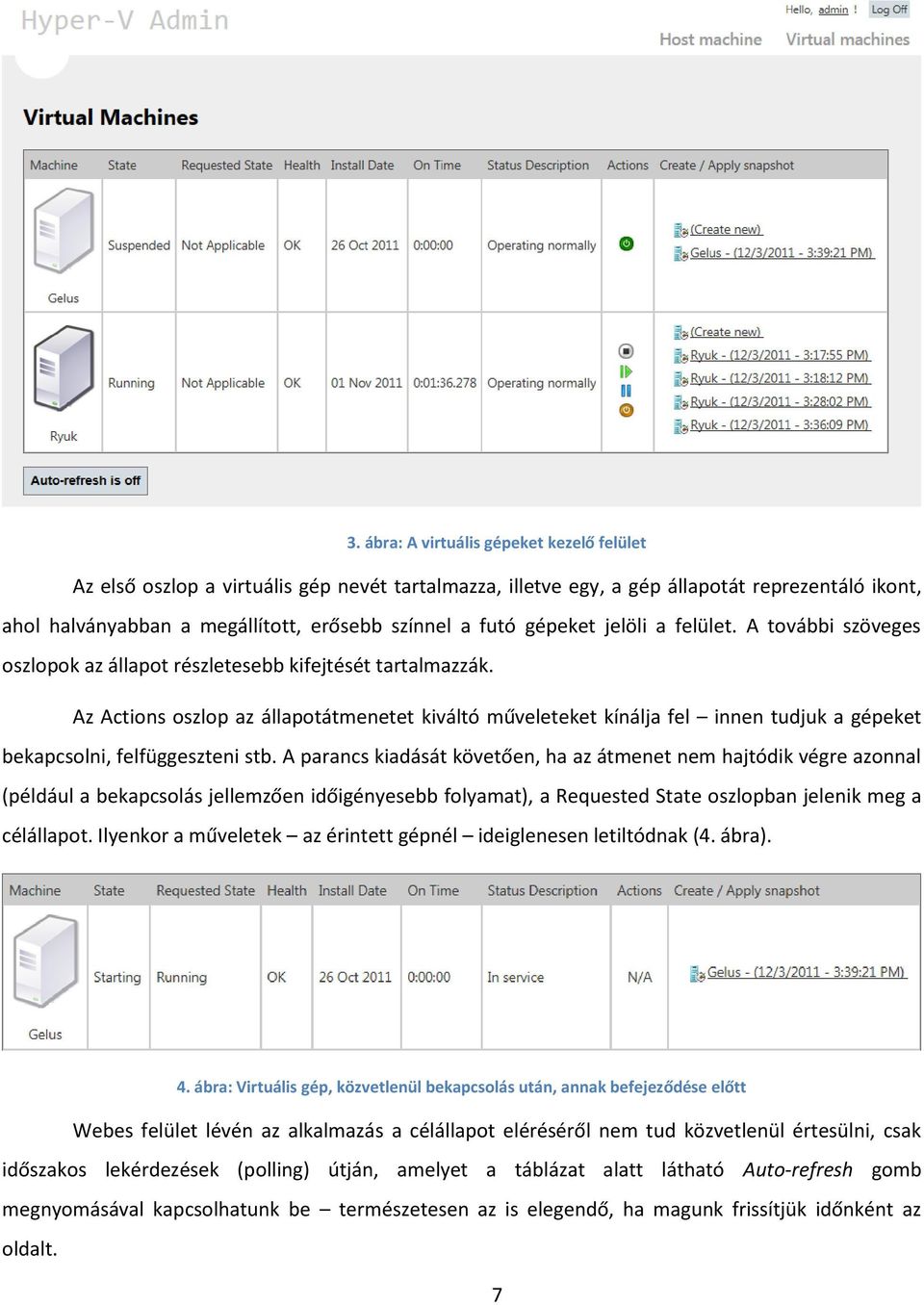 Az Actions oszlop az állapotátmenetet kiváltó műveleteket kínálja fel innen tudjuk a gépeket bekapcsolni, felfüggeszteni stb.