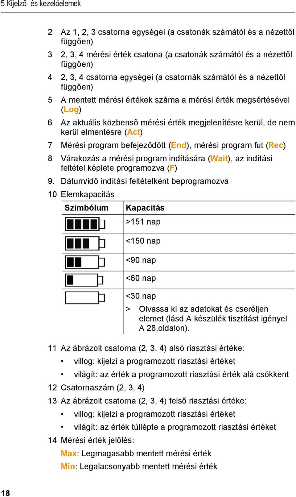 elmentésre (Act) 7 Mérési program befejeződött (End), mérési program fut (Rec) 8 Várakozás a mérési program indítására (Wait), az indítási feltétel képlete programozva (F) 9.