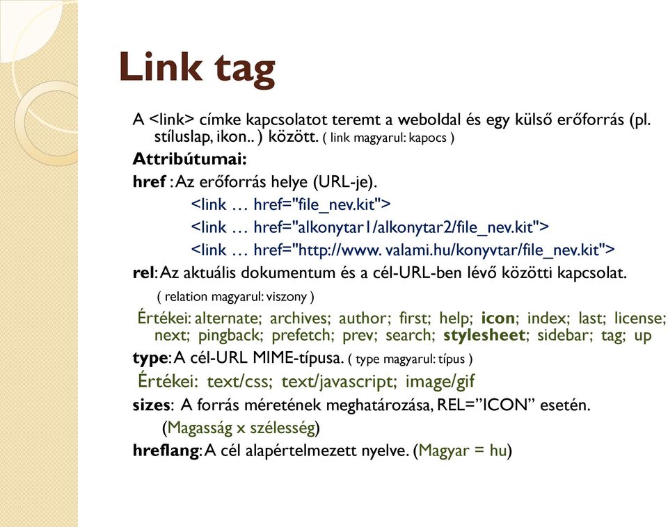kit"> rel: Az aktuális dokumentum és a cél-url-ben lévő közötti kapcsolat.