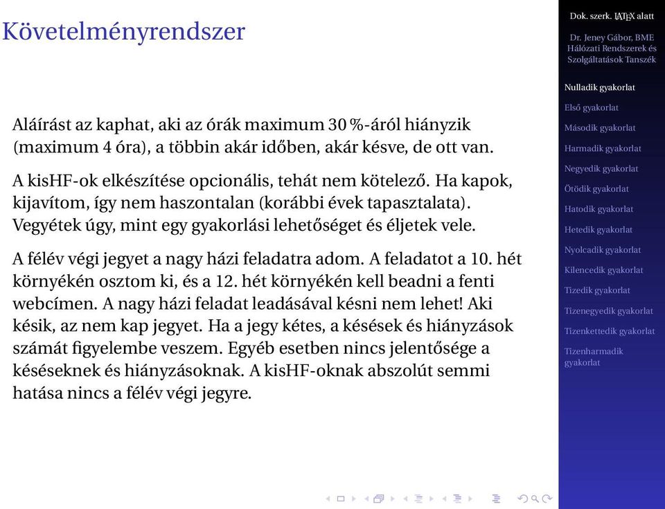 A félév végi jegyet a nagy házi feladatra adom. A feladatot a 10. hét környékén osztom ki, és a 12. hét környékén kell beadni a fenti webcímen. A nagy házi feladat leadásával késni nem lehet!