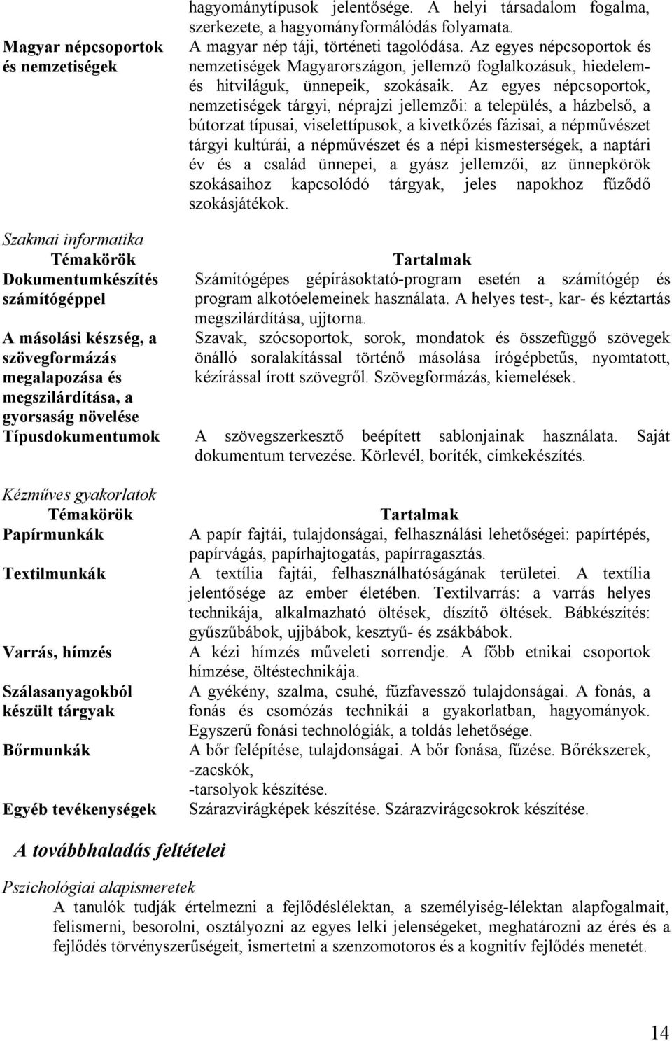 Az egyes népcsoportok, nemzetiségek tárgyi, néprajzi jellemzői: a település, a házbelső, a bútorzat típusai, viselettípusok, a kivetkőzés fázisai, a népművészet tárgyi kultúrái, a népművészet és a