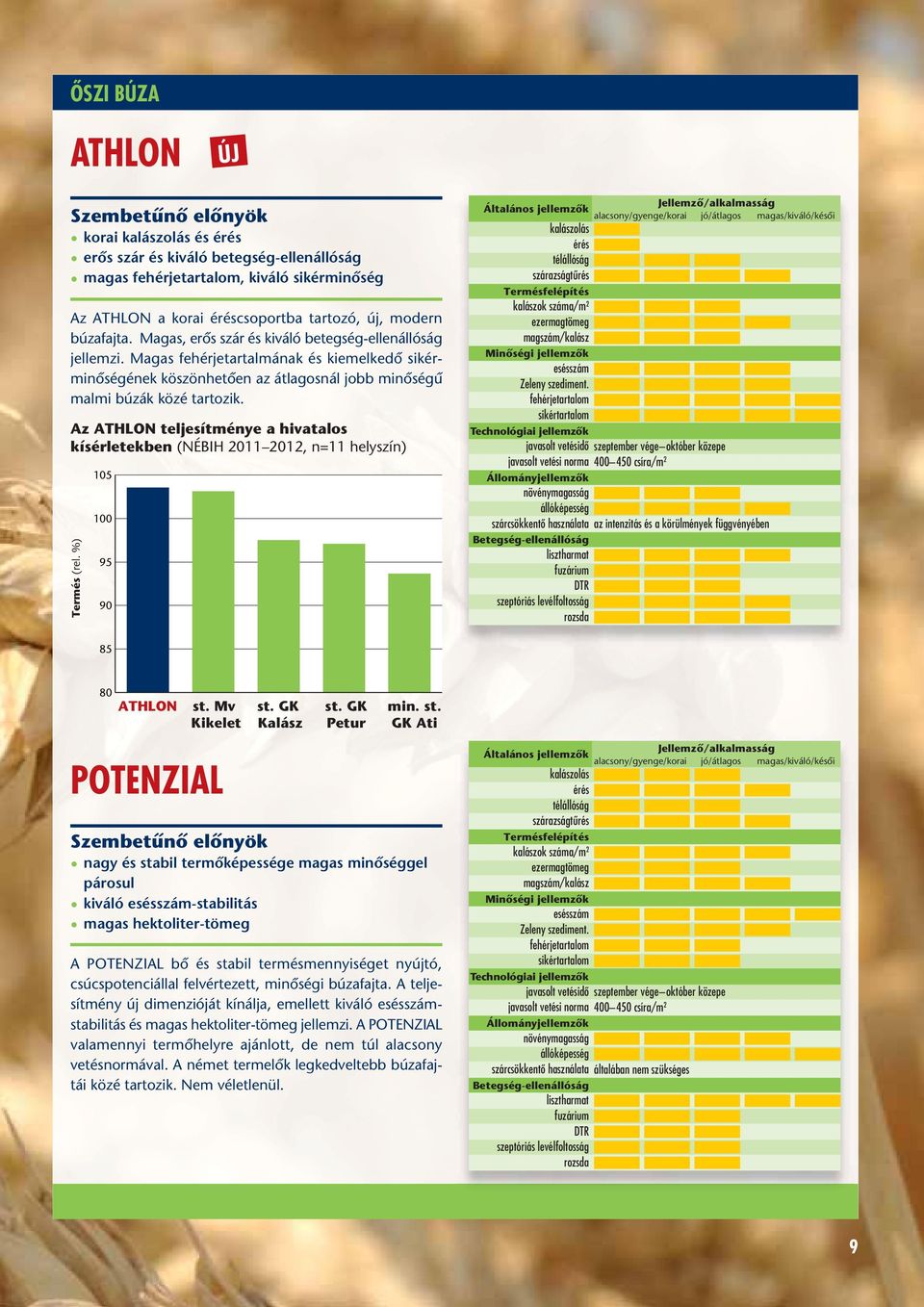 Az ATHLON teljesítménye a hivatalos kísérletekben (NÉBIH 2011 2012, n=11 helyszín) 105 95 90 szeptember vége október közepe 400 450 csíra/m 2 85 80 ATHLON st. Mv Kikelet st. GK Kalász st.