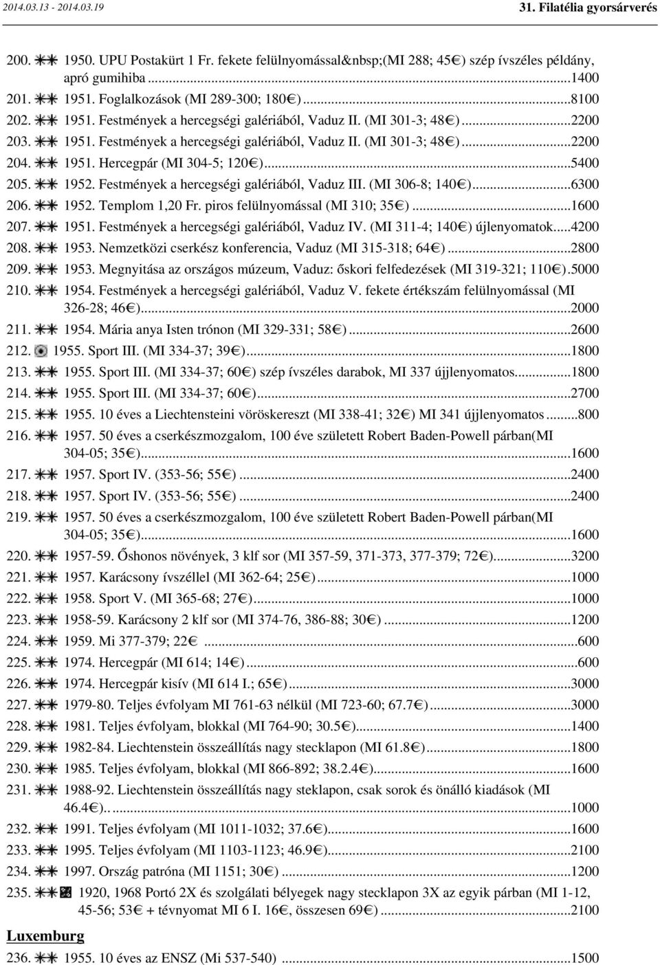 Festmények a hercegségi galériából, Vaduz III. (MI 306-8; 140 )...6300 206. 1952. Templom 1,20 Fr. piros felülnyomással (MI 310; 35 )...1600 207. 1951. Festmények a hercegségi galériából, Vaduz IV.