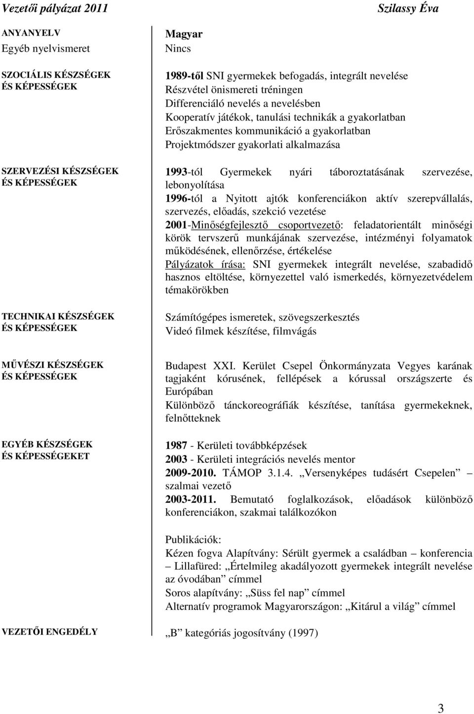 1993-tól Gyermekek nyári táboroztatásának szervezése, lebonyolítása 1996-tól a Nyitott ajtók konferenciákon aktív szerepvállalás, szervezés, elıadás, szekció vezetése 2001-Minıségfejlesztı