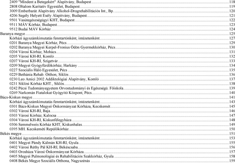 ..125 TUKórházi ágyszámkimutatás fenntartónként, intézetenkéntut...127 TU0201 Baranya Megyei Kórház, PécsUT...129 TU0202 Baranya Megyei Kerpel-Fronius Ödön Gyermekkórház, PécsUT.