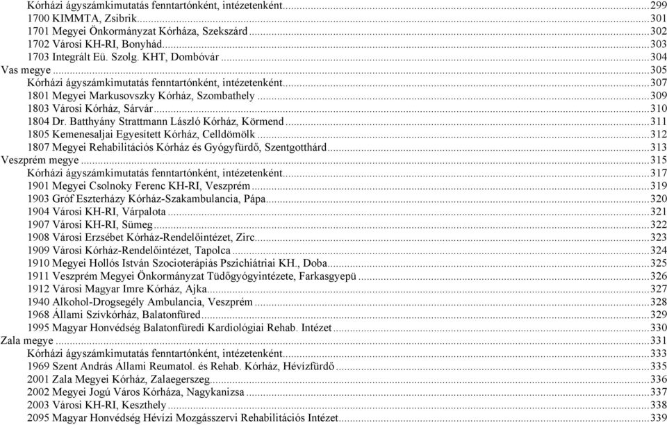 ..309 TU1803 Városi Kórház, SárvárUT...310 TU1804 Dr. Batthyány Strattmann László Kórház, KörmendUT...311 TU1805 Kemenesaljai Egyesített Kórház, CelldömölkUT.