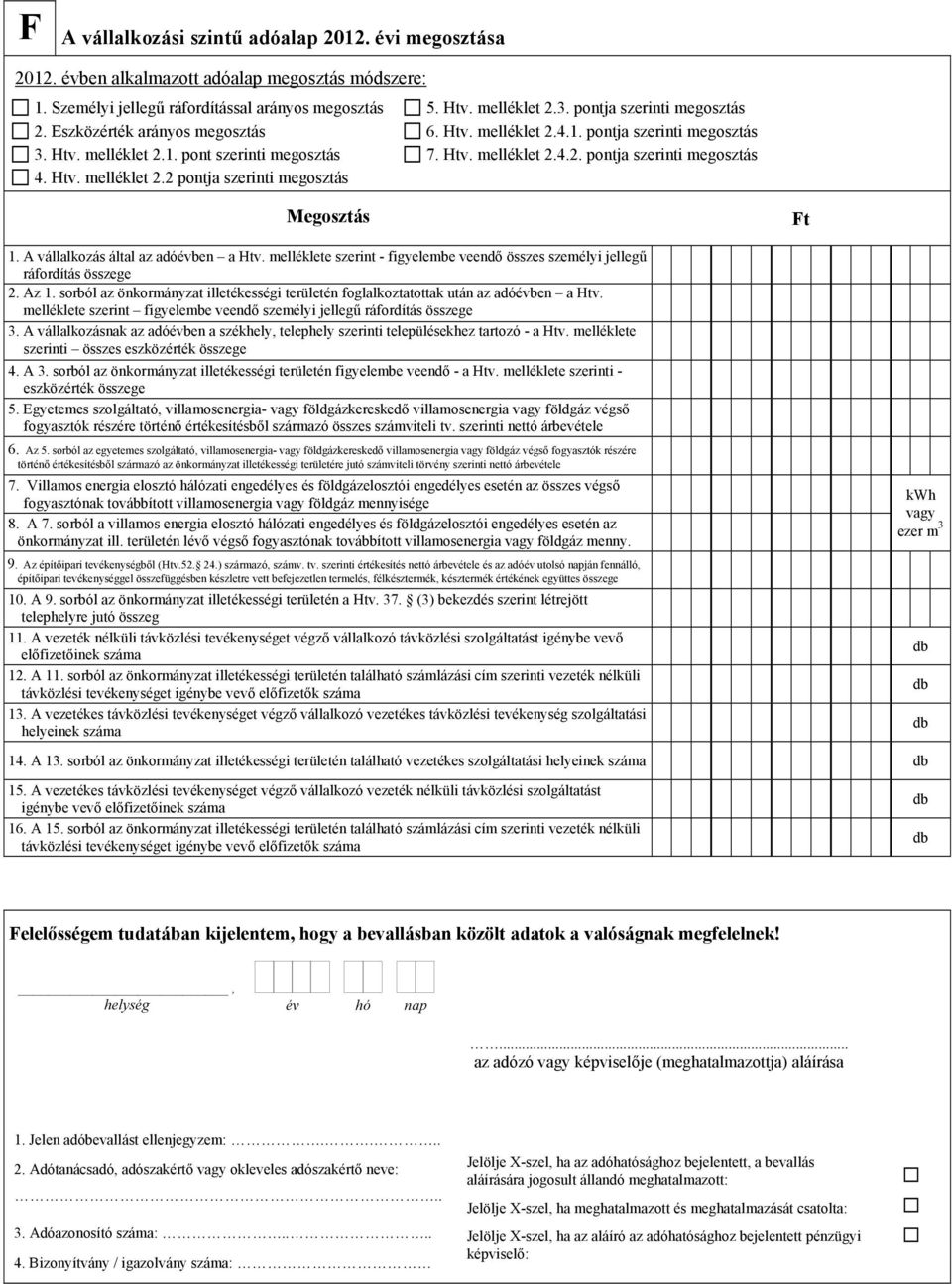 Htv. melléklet 2.2 pontja szerinti megosztás Megosztás Ft 1. A vállalkozás által az adóévben a Htv. melléklete szerint - figyelembe veendő összes személyi jellegű ráfordítás összege 2. Az 1.