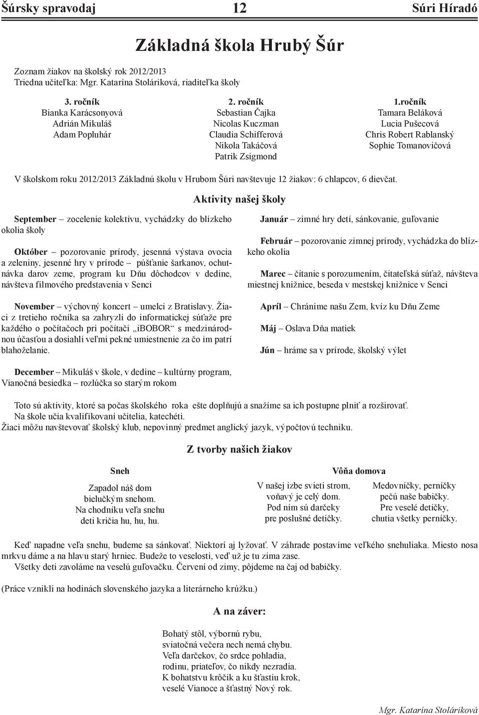 ročník Tamara Beláková Lucia Pušecová Chris Robert Rablanský Sophie Tomanovičová V školskom roku 2012/2013 Základnú školu v Hrubom Šúri navštevuje 12 žiakov: 6 chlapcov, 6 dievčat.