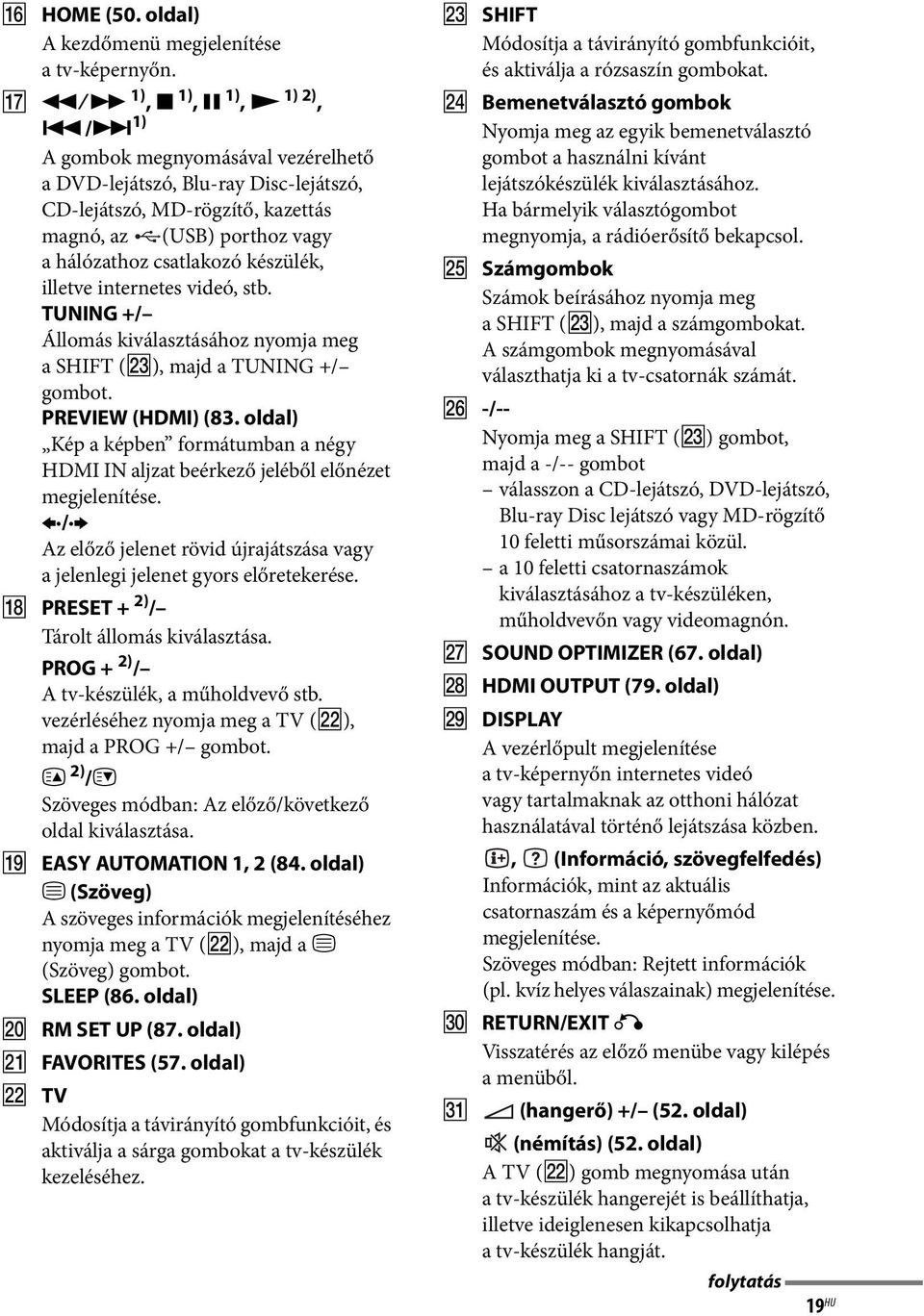 videó, stb. TUNING +/ Állomás kiválasztásához nyomja meg ashift (wd), majd a TUNING +/ gombot. PREVIEW (HDMI) (83.