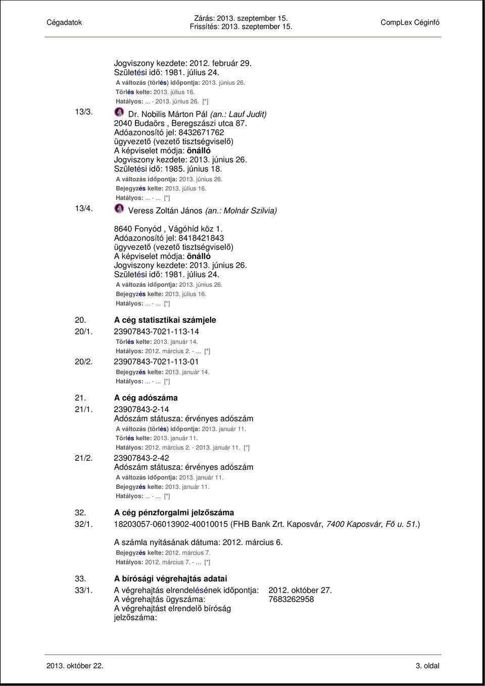 Veress Zoltán János (an.: Molnár Szilvia) Jogviszony kezdete: 2013. június 26. A változás időpontja: 2013. június 26. 20. A cég statisztikai számjele 20/1. 23907843-7021-113-14 Törlés kelte: 2013.