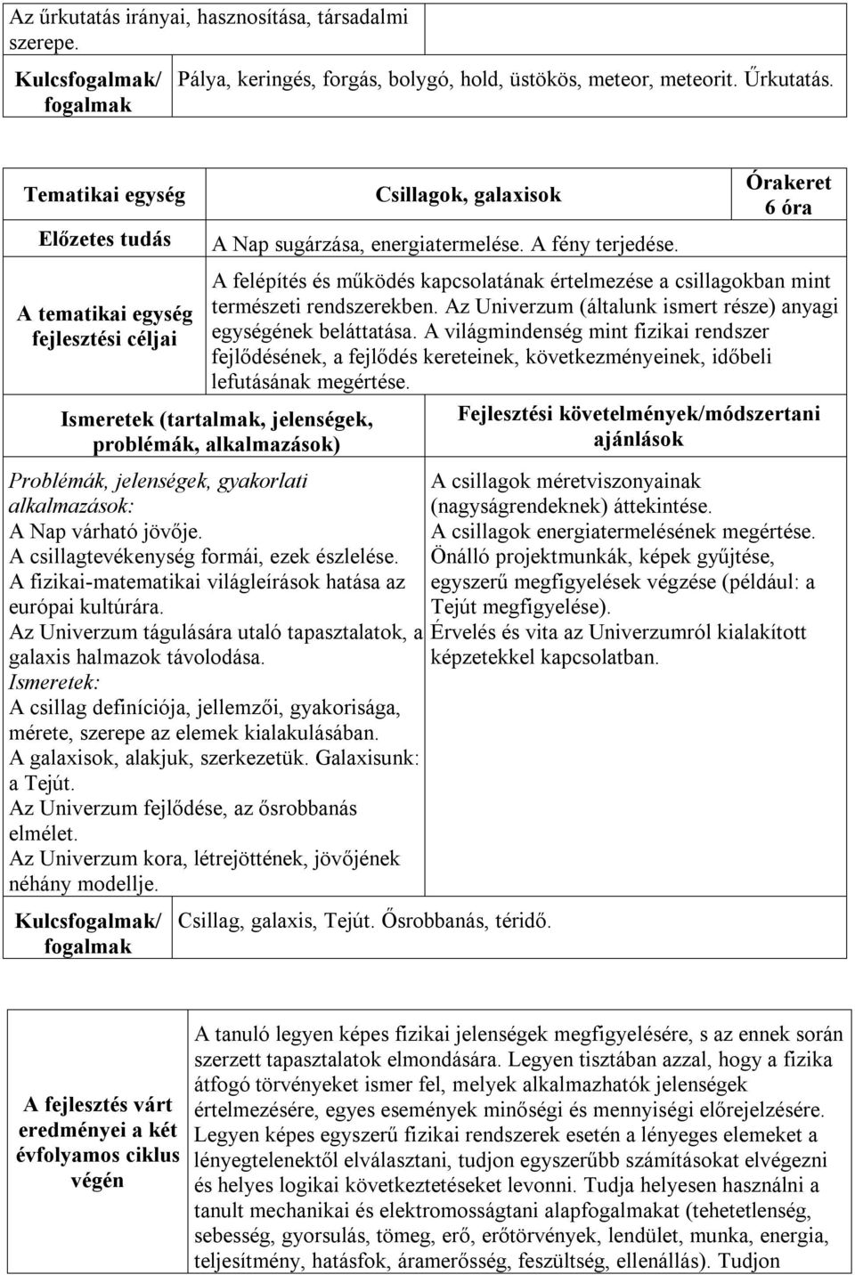 Az Univerzum (általunk ismert része) anyagi egységének beláttatása. A világmindenség mint fizikai rendszer fejlődésének, a fejlődés kereteinek, következményeinek, időbeli lefutásának megértése.