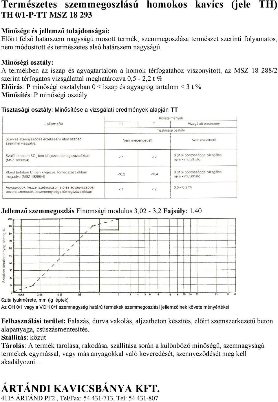 Minőségi osztály: A termékben az iszap és agyagtartalom a homok térfogatához viszonyított, az MSZ 18 288/2 szerint térfogatos vizsgálattal meghatározva 0,5-2,2 t % Előírás: P minőségi osztályban 0 <